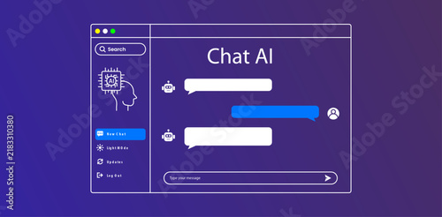 Chat AI interface vector template with messaging application layout showing artificial intelligence conversational bot user dialog window and controls.