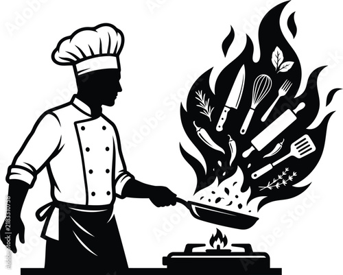 Chef silhouette cooking with flames and kitchen tools on a white background