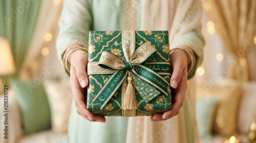 Person Holding Festive Green Gift Box with Gold Ribbon and Tassels