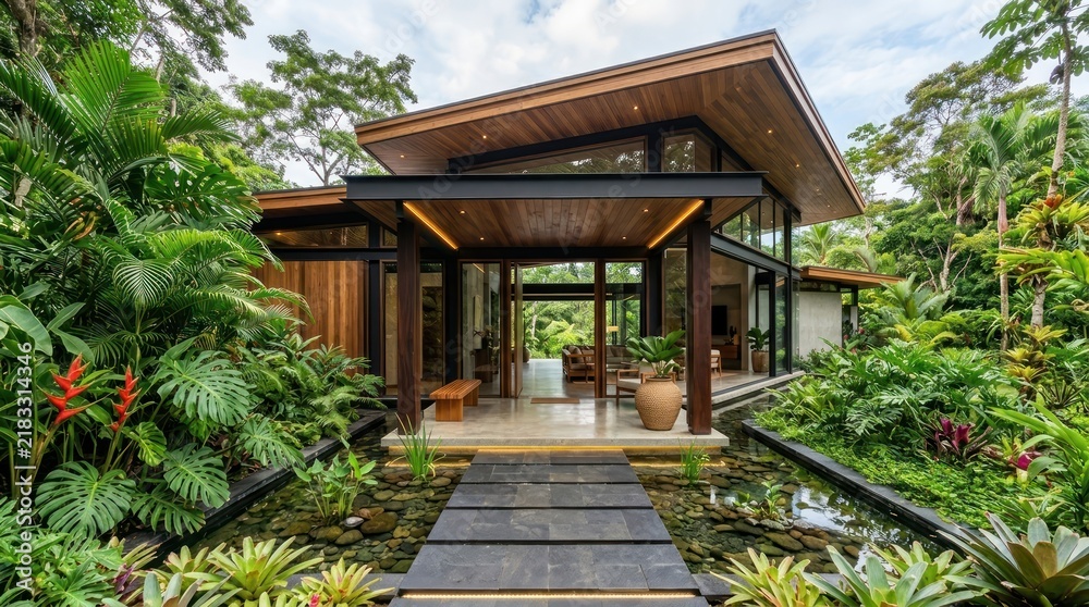 Obraz premium Modern Tropical Villa Surrounded By Lush Rainforest Vegetation And Water Feature