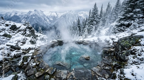 Steaming Hot Spring In Snowy Mountain Landscape