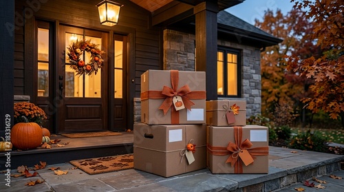 Stack of decorated cardboard delivery boxes on a house porch with autumn pumpkins and fall decor