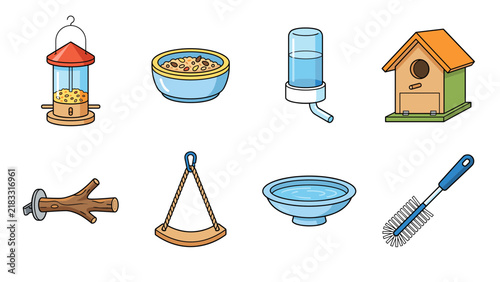 Bird care equipment vector icon collection with feeder, perch, nesting box and pet supplies