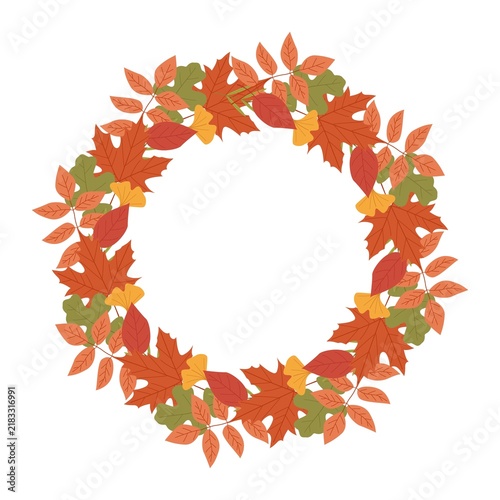 Autumn wreath made of colorful leaves and small yellow flowers on a white background. Seasonal illustration perfect for fall decoration
