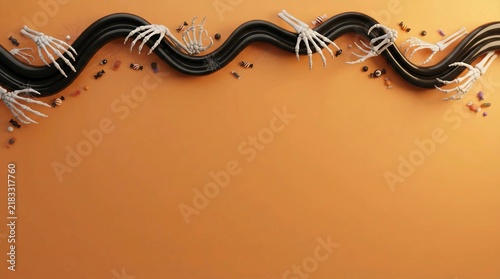 Halloween flat lay with skeleton hands and black wavy ribbon on orange background
