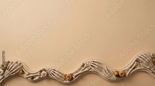 Skeleton hands and mini pumpkins flat lay on beige background for Halloween holiday design