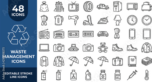 Foto Household item recycling and electronic waste management linear icons representi