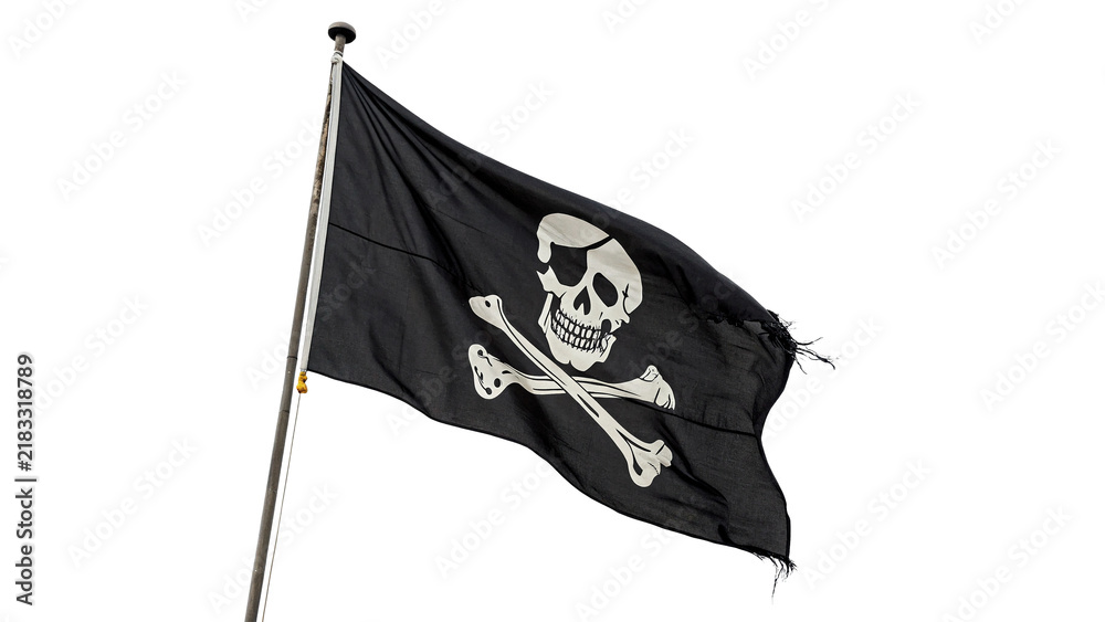 Fototapeta premium Black fabric pirate flag waving with skull crossbones isolated on transparent background