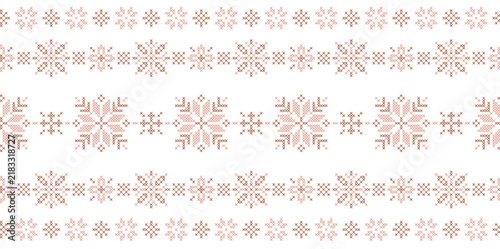 Geometric Christmas cross stitch seamless pattern vector illustration with brown and pink folk snowflake borders, minimal Scandinavian winter holiday embroidery frame on white background