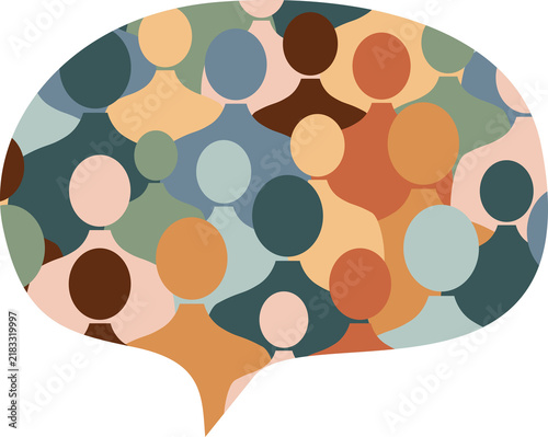 Chat bubble with colourful people silhouettes inside.
