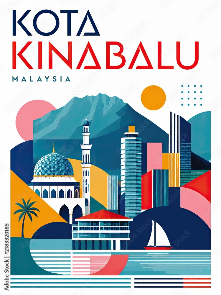 Obraz premium Colorful geometric illustration of Kota Kinabalu, Malaysia, featuring a mosque, mountain skyline, modern buildings, tropical palm, sailboat, and waterfront.