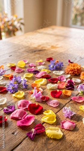 Delicate Spring Flower Petals Scattered on a Rustic Wooden Table