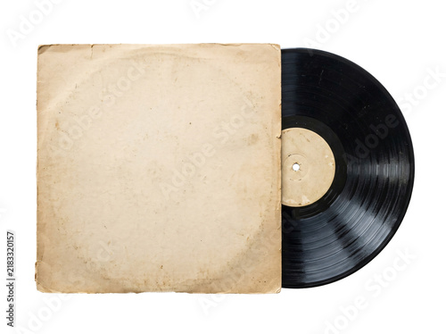 Foto Vintage vinyl record album emerging from a weathered tan paper sleeve showing cl
