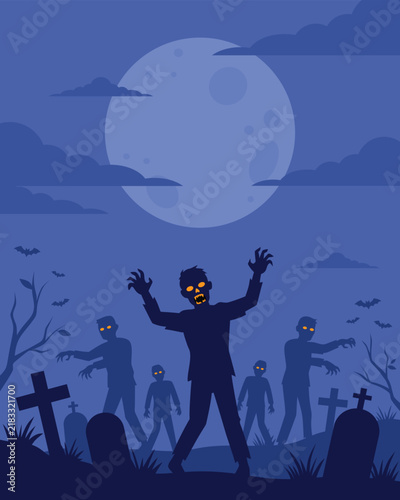 Halloween Zombie Graveyard Full Moon Vector Illustration