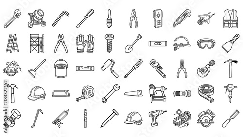 Construction Tools and Hardware Line Icon Set