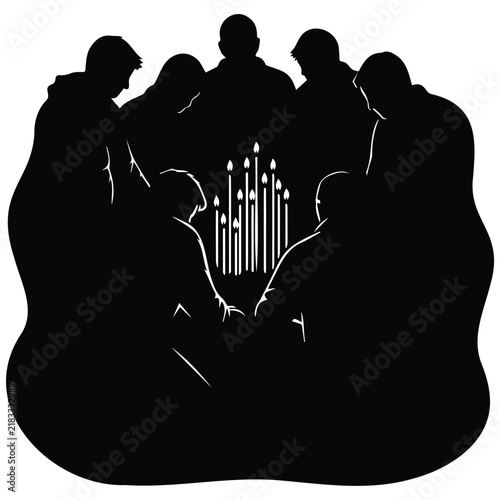 Bild auf Leinwand Vector silhouette of people gathering in prayer vigil circle holding burning candles