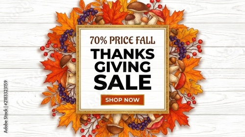 Thanksgiving sale banner with autumn leaves and mushrooms