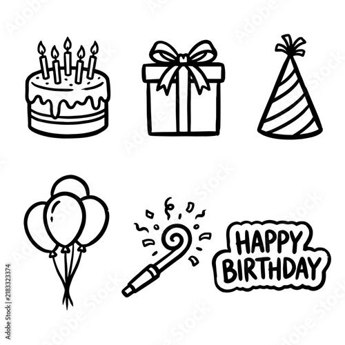 Birthday illustrate icon set in medium outline brush