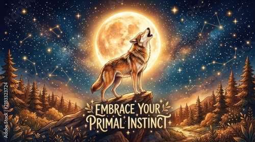 Majestic wolf howling at a glowing full moon under a starry sky filled with constellations, symbolizing primal instinct and wilderness.