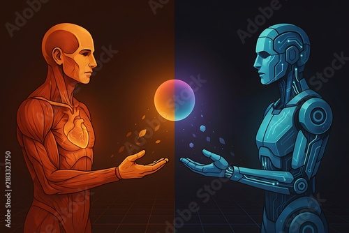 Human Heart and Robot Holding Glowing Energy Sphere