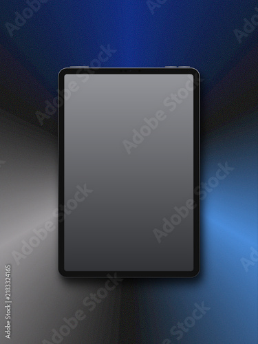 Blank Digital Tablet Screen Against Dark Blue and Gray Abstract Background