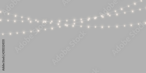 Festive garland with bright Christmas bulbs and soft glow. Transparent PNG holiday decoration. Perfect for winter cards, banners, posters, and party designs.