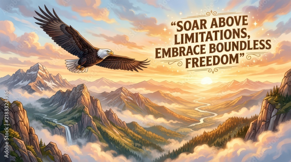 Obraz premium Majestic Bald Eagle Soars Over Misty Mountains at Sunrise, Inspiring Quote on Freedom and Overcoming Limitations