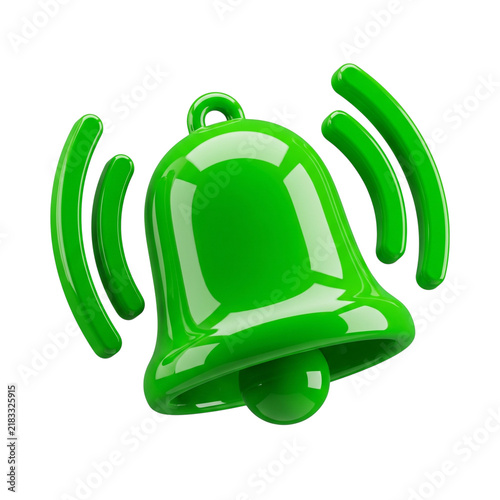 Green notification bell ringing with sound waves during a digital alert concept in a clean 3D render isolated on transparent background