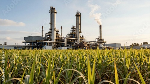 Modern sugar refinery facility with tall towers and pipes emitting steam, surrounded by lush green sugarcane fields under clear sky.