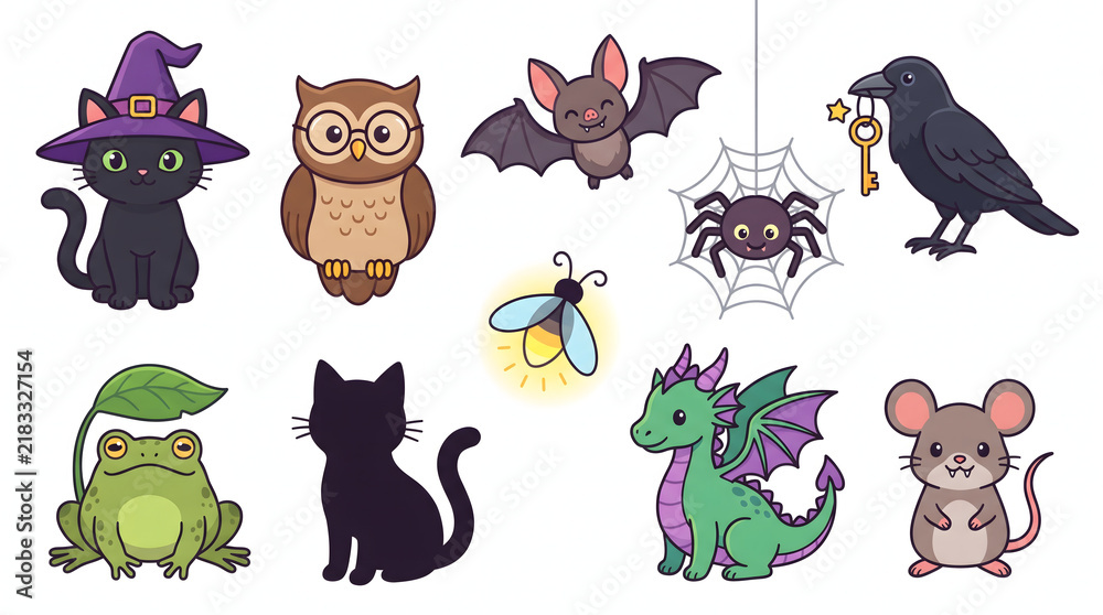 Obraz premium Kawaii halloween animal set featuring a witch cat dragon owl raven and spooky creatures