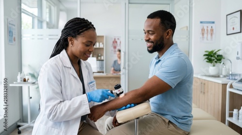 Dermatologist examining patient skin with dermatoscope in a modern medical clinic office