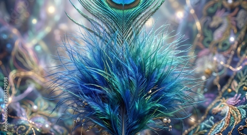 Vibrant macro peacock feather texture with iridescent colors
