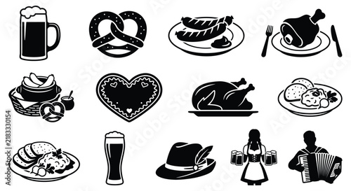 Oktoberfest themed food and drink silhouettes on a white background