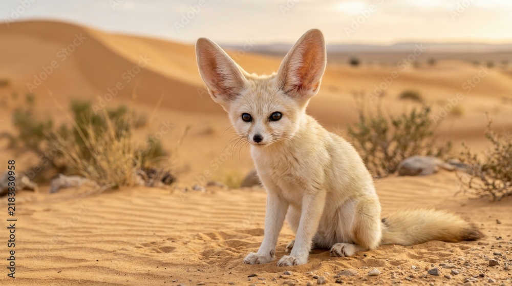 Fototapeta premium Fennec Fox in Desert: A small fennec fox with large ears sits on the golden sand of a desert, surrounded by sparse vegetation under a warm, hazy sky.