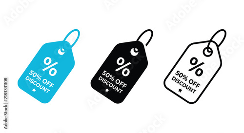Discount tag icons with percentage symbol presented in colorful silhouette and outline styles