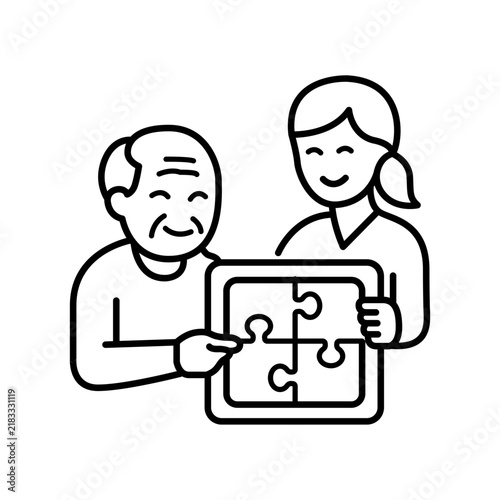 Minimalist line icon showing a caregiver and a senior citizen solving a puzzle together, representing dementia support, memory exercises, cognitive brain therapy, and social care.
