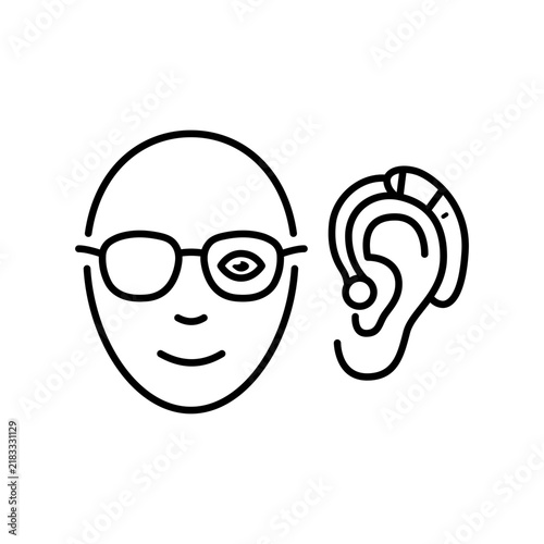 Minimalist line icon displaying a face profile with an eye patch or magnifying lens combined with a hearing aid behind the ear, representing senior vision and hearing care services.