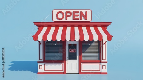 Open storefront illustration of a small retail shop with a striped awning and welcoming entrance