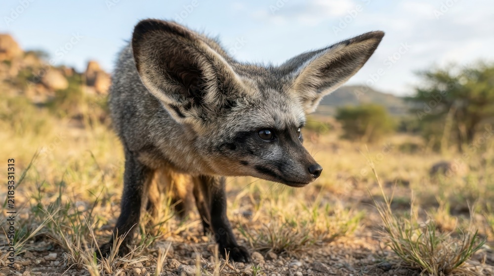 Fototapeta premium Bat-eared Fox in Savanna: A striking bat-eared fox with its iconic oversized ears stands alert in the dry grass of the African savanna, its keen eyes scanning the horizon under the clear daytime sky.