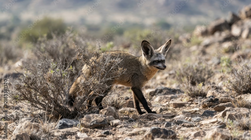 Obraz premium Bat-Eared Fox in Arid Landscape: A striking bat-eared fox with its characteristic large ears stands alert in a dry, rocky terrain dotted with sparse desert shrubs.