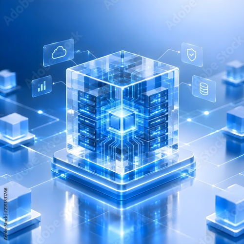 Plakat Cloud Computing Data Center - 3D Glass Server Cube with Cloud Storage Icons on Blue Technology Background
