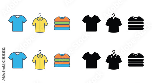 Clothing icons depicting t shirts stacks and hangers in color and silhouette