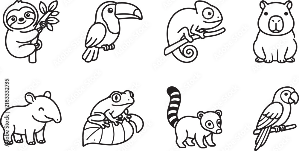 Fototapeta premium Set of cute cartoon exotic animal outline vector icons