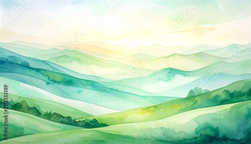 Fresh Spring Inspired Abstract Watercolor Landscape with Flowing Layers of Mint Green