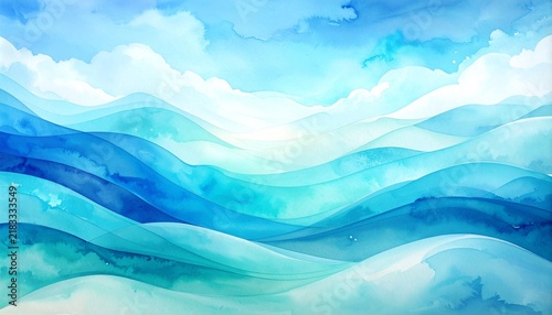 Minimal Abstract Watercolor Background with Layered Flowing Waves in Sky Blue and Cyan