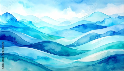 Minimal Abstract Watercolor Background with Layered Flowing Waves in Sky Blue and Cyan