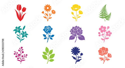 Collection of colorful flower ornaments in a flat vector style