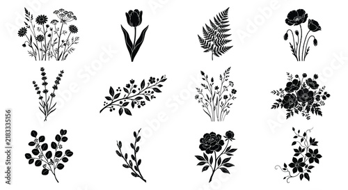Collection of botanical silhouettes featuring various flowers and foliage on a white background