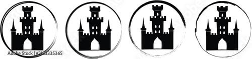 Photography Four black silhouette of a medieval castle with a central crenellated tower and