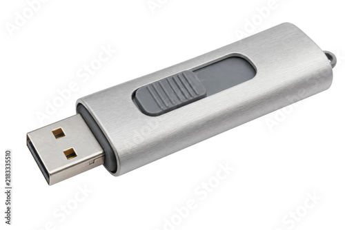 Canvastavla Silver brushed metal USB flash drive with a gray slider mechanism, captured in a